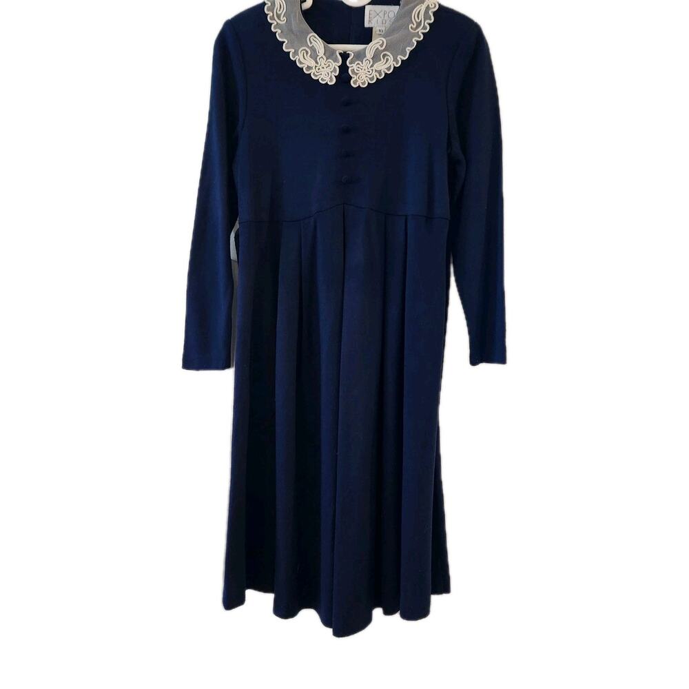 80's 90s Expo Kids Vintage Girls Blue Dress Lace Collar Pleated Wool Blend sz 10